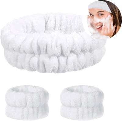 Set van 3 Absorberende Hoofdbanden en Polsbanden voor Make-up en Gezichtsreiniging - Elastische Huidverzorging Accessoires in Wit