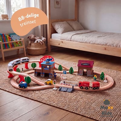 Maxx Kidz Houten Treinset 88 delig - Treinbaan voor Kinderen vanaf 3 Jaar - Compleet met 2 Treinen en Accessoires - Houten Treinbaan Speelgoed voor Jongens en Meisjes - 450cm Lange Baan