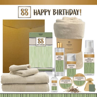 Geschenkset “88 Happy Birthday!” - 12 producten - 1910 gram | Giftset voor haar hem Achtentachtig jaar Cadeau Luxe Wellness Pakket Vrouw Man Speciaal Cadeaupakket Geschenk Douche Verjaardag pakket Gift Set Handdoeken Fleecedeken Groen Beige Goud