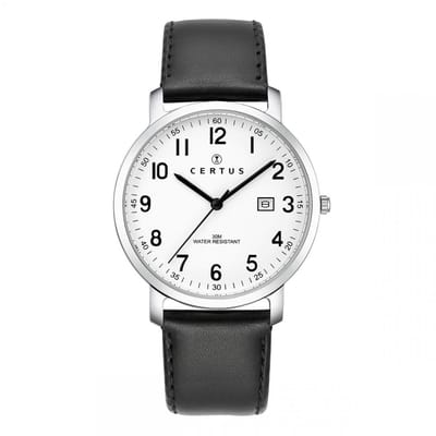 Certus-Duidelijk heren horloge-Datumaanduiding-Zwart lederen band.