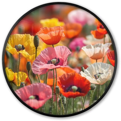 Poster in lijst Rond - Fotolijst 60x60 cm - Posters - Bloemenveld - Klaprozen - Kleurrijk - Ronde posterlijst zwart - Decoratie - Wanddecoratie woonkamer - Muurdecoratie slaapkamer
