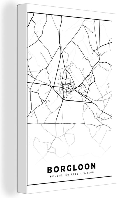 Canvas Schilderij België – Borgloon – Stadskaart – Kaart – Zwart Wit – Plattegrond - 20x30 cm - Wanddecoratie