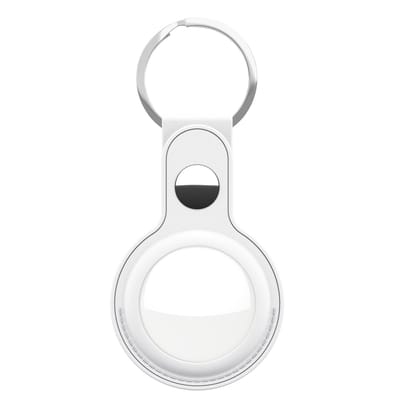 KeyBudz AirTag Sleutelring – Handgemaakt van Echt Leder – Veilige Pasvorm voor je AirTag – Inclusief Haak Stash Zakje - Wit