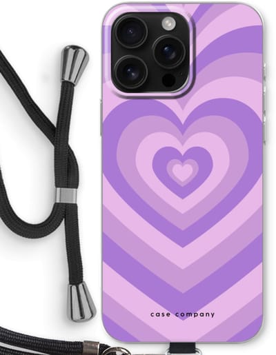 Case Company® - Hoesje met koord geschikt voor iPhone 16 Pro Max hoesje met Koord - Hart Paars - Telefoonhoesje met Zwart Koord - Bescherming aan alle Kanten en Over de Schermrand