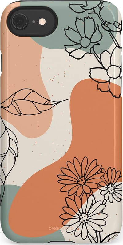 Casetastic hoesje geschikt voor Apple iPhone SE / Apple iPhone 7 / Apple iPhone 8 - Dubbellaagse bescherming - Lijnenspel Botanisch - Fashion Case - Crème Saliegroen Perzik