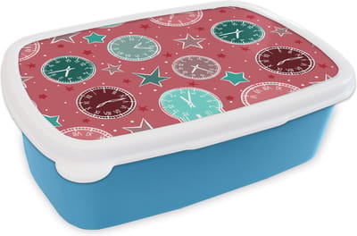 Broodtrommel Blauw - Lunchbox - Brooddoos - Klok - Roze - Patronen - Sterren - 18x12x6 cm - Kinderen - Jongen