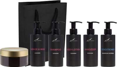 Compleet pakket Hamam - Shower & Wash + Shampoo + Bodylotion + Handzeep + Hammam Herbal conditioner + Scrubzout 300 gram - 300 ml per fles - complete set van 6 stuks - met luxe gift tas - cadeau - giftset voor hem en haar