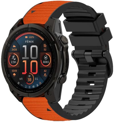 Strap-it Nylon hybride bandje geschikt voor Garmin Fenix 9 (Pro) 47mm - Fenix 8 (Pro-E-47mm) - Fenix 7 (Solar-Pro) - 6 (Solar-Pro) - Fenix 5 (Plus) / Forerunner 970 - 965 - 955 - 945 - 935 - 745 / Quatix 8 - 7 - 6 - 5 - Oranje
