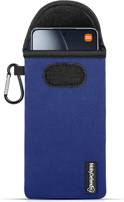 MobyDefend Hoesje - Geschikt voor Xiaomi 14T Pro - Neopreen Pouch Met Karabijnhaak - Insteek - Riemlus - Blauw