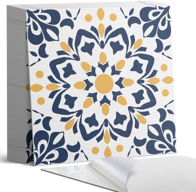 Coloray Plaktegels - Bloemenmandala patroon Zelfklevende Tegels - 20 cm x 20 cm - Geel Plaktegels - 20 stuks - Vierkant PVC Tegels - Plaktegels Badkamer - Plaktegels Vloer - Vinyl Tegels Zelfklevend - Wandtegel Zelfklevend