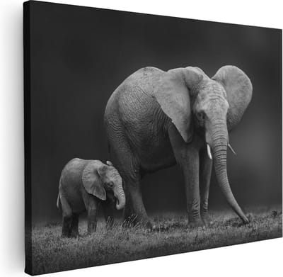 Artaza Canvas Schilderij Olifant Met Kalf - 40x30 cm - Klein - Wanddecoratie Woonkamer - Muurdecoratie Dieren Afrika - Kamer Accessoires