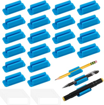 Dailygoods - 20 stuks zelfklevende pennenhouder, blauwe siliconen potloodhouder, flexibele zelfklevende pennenhouder voor bureau, zelfklevende markeerhouder voor klembord, muur, klaslokaal, school, bureau