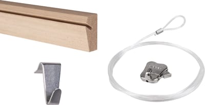 STAS houten schilderijrail - Ophangsysteem Schilderijen / Fotolijsten / Poster – Ophangrails - riva 120cm + riva haak + koord met lus 150cm + zipper ophanghaak (complete set)