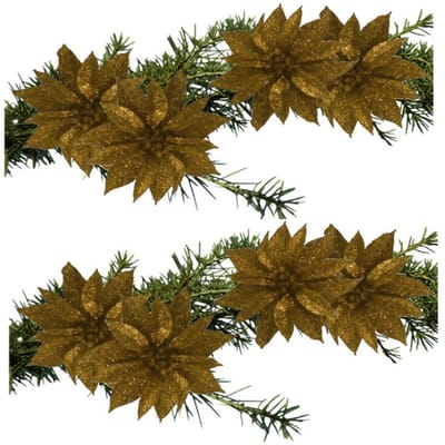 Kerstboomversiering Bloemen - 8x stuks - 9 cm - goud glitter - op clip