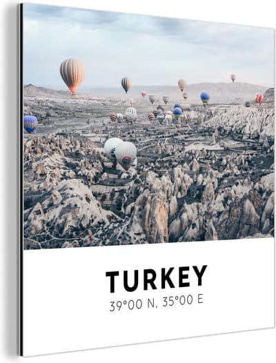 Wanddecoratie Metaal - Aluminium Schilderij Industrieel - Turkije - Luchtballon - Cappadocië - Ballon - 90x90 cm - Dibond - Foto op aluminium - Industriële muurdecoratie - Voor de woonkamer/slaapkamer