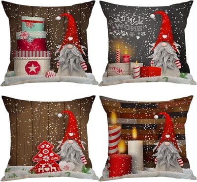 Set van 4 Kerst Kussenslopen voor Gezellige Kerstdecoratie - Rood Linnen Kussenhoezen voor Bank en Huismeubels 45 x 45 cm