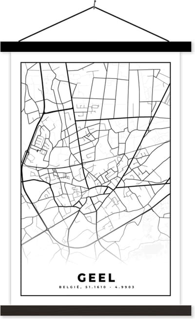 Posterhanger incl. Poster 40x60 cm - Schoolplaat - België – Geel – Stadskaart – Kaart – Zwart Wit – Plattegrond - Textielposter - Zwarte latten - Stadskaart