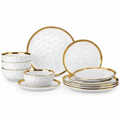 Serviesset - 4 Persoons Servies - Porselein - Dinerborden - Dessertborden - Ontbijtkommen - 12-delige Set - Wit - Goud