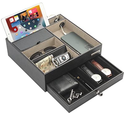 Multifunctionele Nachtkastje Leder Sieradenbox Organizer met Lade en Oplaadopening - 28 x 27 x 9 cm