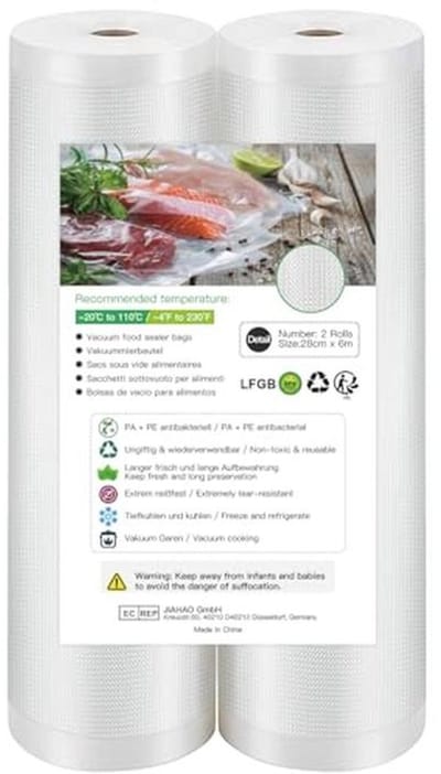 Herbruikbare Vacuüm Sealer Rollen - 2 Rollen 28x600cm - BPA-vrij, Voor Sous Vide Koken en Voedselconservering