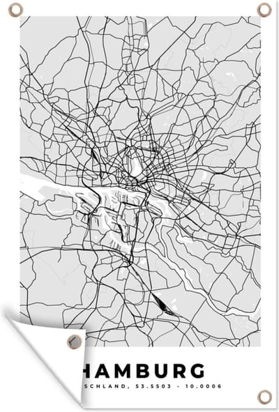 Muurdecoratie Plattegrond - Duitsland - Hamburg - Kaart - Stadskaart - 120x180 cm - Tuinposter - Tuindoek