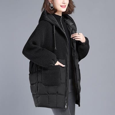 Winter Nieuw Losse Donzen Katoen-gevoerde Kleding Medium en Lang Lamsvacht Grote Maat Katoen-gevoerde Jassen Verdikte Jassen 3XL black