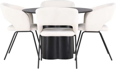 Olivia eethoek tafel zwart en 4 Day stoelen offwhite.