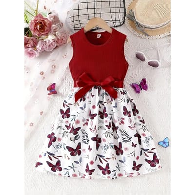 Robe sans manches imprimé papillons doux pour fille, avec ceinture à nœud, pour sortie de vacances/décontractée, cadeau d'été 120 brown