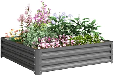 Plantenbak - Bloembak met Stalen Frame - Plantenbed - Tuinbed - Kweekbak - Moestuinbak - voor Buiten, Terras, Tuin & Balkon - voor Groenten, Bloemen & Kruiden - 120 x 120 x 30 cm - Lichtgrijs