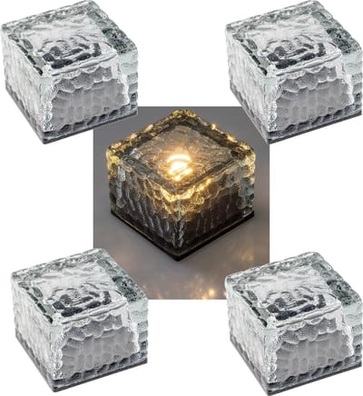 Chilitec Solar sierstenen verlichting lampjes IP65, set van 4 lichten met schemersensor, warm wit - kubus - vierkant - glas - kunststof - decoratie verlichting