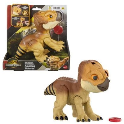 Jurassic World Rebirth Beschermdier Aquilops 'Dolores', interactief dinosaurusspeelgoed met aanvalsactie en geluiden, elektronisch figuur in dierenvriendjesstijl, met voedselaccessoire
