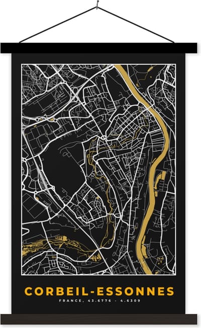 Posterhanger incl. Poster 40x60 cm - Schoolplaat - Frankrijk - Stadskaart - Corbeil-Essonnes- Plattegrond - Kaart - Textielposter - Zwarte latten - Stadskaart