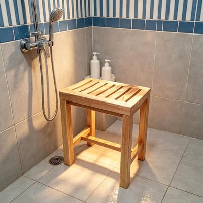 Douchekruk - Badkamerstoel - Ontspannen Douchen - Massief Teakhout - 42x28x43 cm - Natuurlijk Hout