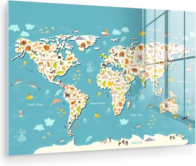 ® Glasschilderij 120x80 cm - Schilderij acrylglas - Wereldkaart - Kinderen - Dieren - Kind - Jongens - Meiden - Foto op glas - Muurdecoratie woonkamer - Wanddecoratie slaapkamer - Schilderijen