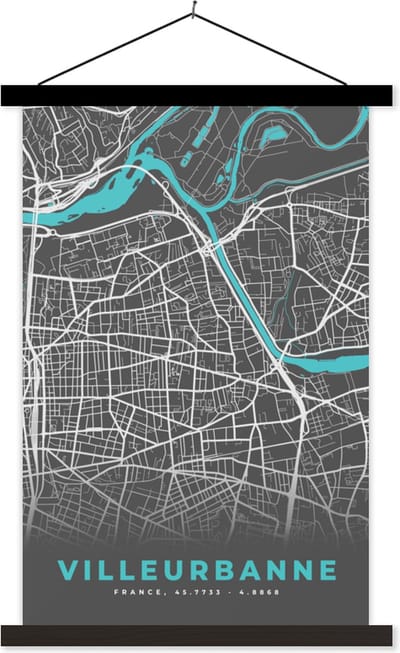 Posterhanger incl. Poster 40x60 cm - Schoolplaat - Villeurbanne - Stadskaart - Kaart - Plattegrond - Frankrijk - Textielposter - Zwarte latten - Stadskaart