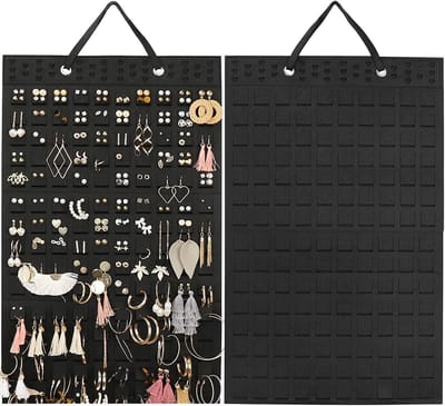 Opbergtasje van vilt voor oorbellen - Sieradentasje voor aan de muur - Opbergtasje voor kettingen en ringen voor aan de muur - Hangend opbergrek en displaystandaard voor oorbellen — Compact ontwerp — Zacht materiaal — Zwart — Set van 2