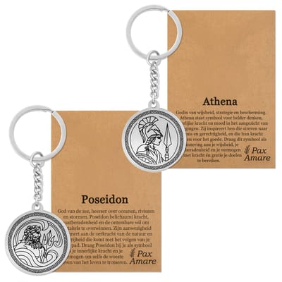 Athena & Poseidon Sleutelhanger Bundel – Rede & Emotie - Zilverkleurig Stainless Steel - Griekse Goden Sleutelhangers Set - Pax Amare