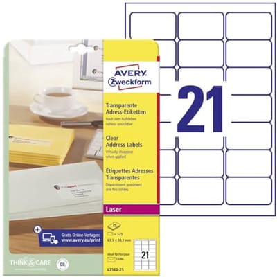 Zelfklevende Adresetiketten 63,5 x 38,1 mm - Bedrukbaar, Transparant, Geschikt voor DIN B6/C6