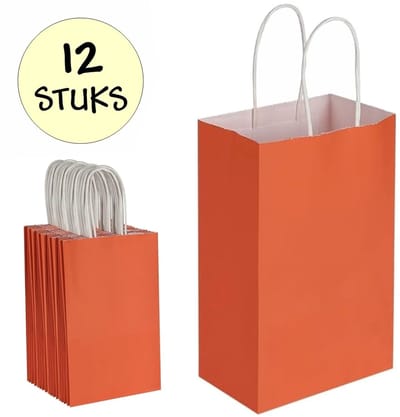 12x Oranje Papieren Uitdeeltasjes - 16x8x22cm - Stevig Papier - Traktatie Zakjes - Papieren Tasjes - Cadeau Zakjes - Uitdeelzakjes - Kraftpapier - Oranje - 12 Stuks