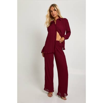 boohoo Dames Plisse Broek met Wijde Pijpen | Burgundy | Maat: 6