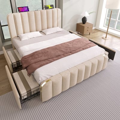 MEUNIQ tweepersoons bed 160x200 cm met gestoffeerd hoofdbord, USB en Type-C, 4 lades, lattenbodem en opbergruimte voor slaapkamer, beige