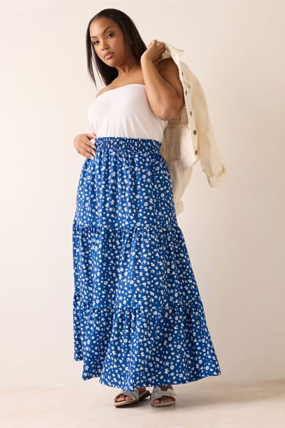 Yours Blauwe Gelaagde Maxirok Met Bloemenprint Size 44