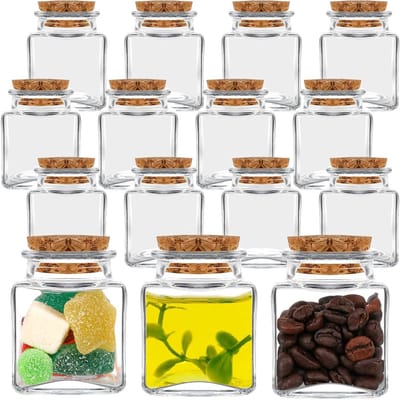 50ml Vierkante Glazen Flessen met Kurken Stopper, Set van 15 Kleine Glazen Kruidensilo's voor Bewaren van Specerijen, Knutselmaterialen en Decoraties