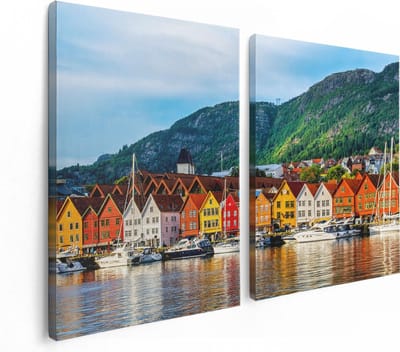 Artaza Canvas Schilderij Tweeluik Gekleurde Huizen in Byrggen, Noorwegen - 120x80 - Foto Op Canvas - Canvas Print
