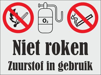 zuurstof in gebruik - let op! - niet roken - aluminium bordje - roken en vuur verboden - krasvast - met plaklaag - 5 jaar garantie! deurbordje zuurstof aanwezig -75 x 100 mm. -
