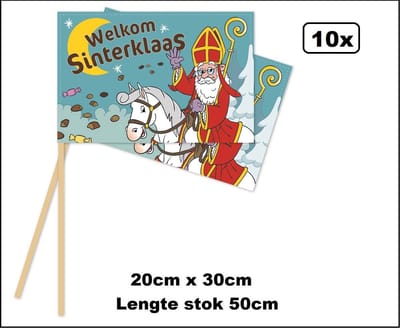 10x Zwaaivlaggetjes op stok Sinterklaas strooigoed 20cm x 30cm - Lengte stok 50cm - Zwaai vlaggetjes Sint en Piet thema feest festival uitdeel