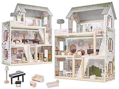 Luxe XL Houten Poppenhuis met Meubels en LED Verlichting - Boho Stijl Speelhuis voor Kinderen en Volwassenen