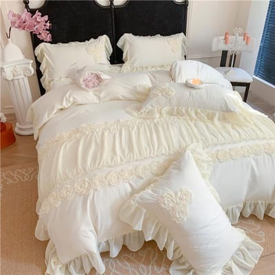 4-delige Koreaanse Prinses Stijl Bloemen Kant Ruches Beddengoed Set Queen King Dekbedovertrek Bedrok/Laken/Hoeslaken Kussensloop Fitted Sheet 1.8mBed