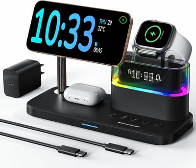 5-in-1 draadloos oplaadstation geschikt voor Apple – magnetische oplader met wekker en nachtlampje voor meerdere apparaten – oplaadstation voor op het nachtkastje, geschikt voor iPhone 17/16/15/14/13/12, Apple Watch en AirPods（Zwart）