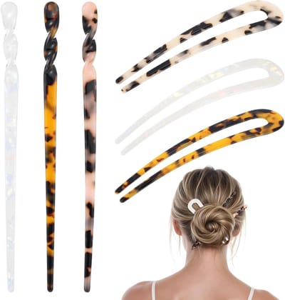 Set van 6 Acetaat Haarspelden in Vintage Stijl voor Vrouwen - U-vormige en Rechte Haarstokken